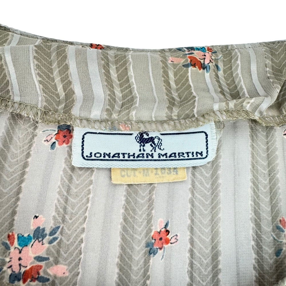 VTG 70s Jonathan Martin 80 S SHEER Beige Striped Floral Banded Crop Waist Blouse - Picture 9 of 12